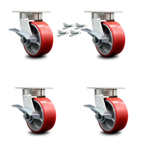 5 Inch Kingpinless Red Poly on Steel Wheel Caster Set Brake and Swivel Lock